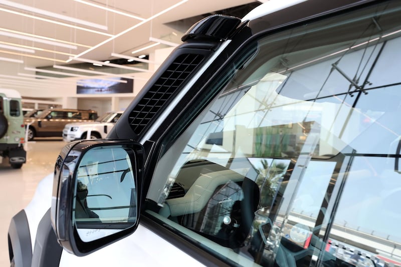 DUBAI, UNITED ARAB EMIRATES , June 27 – 2020 :- Exhaust of the Land Rover Defender SE model on display at the Land Rover Defenders showroom on Sheikh Zayed Road in Dubai. (Pawan Singh / The National) For Motoring. Story by Simon