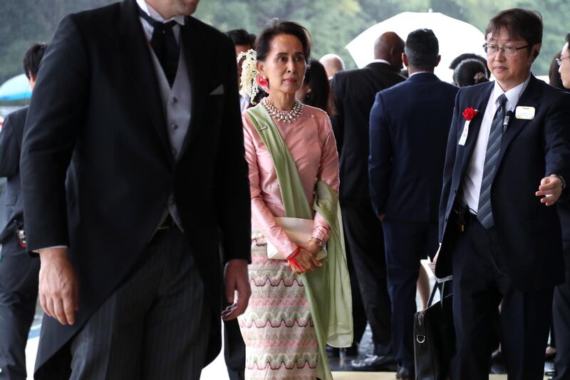 State Counsellor of Myanmar Aung San Suu Kyi arrives at the Imperial Palace to attend the proclamation ceremony of Japan's Emperor Naruhito in Tokyo, Japan, 22 October 2019.  EPA