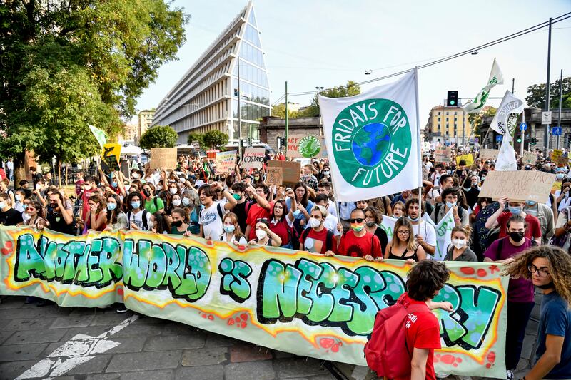 Climate protesters take to the streets in Italy, which is hosting a G20 summit on the eve of Cop26 talks in Glasgow. AP