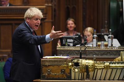 epa08548337 A handout photograph released by the UK Parliament shows Britain's Prime Minister Boris Johnson during Prime Ministers Questions in the House of Commons Chamber in London, Britain, 15 July 2020.  EPA/JESSICA TAYLOR / UK PARLIAMENT / HANDOUT  MANDATORY CREDIT: JESSICA TAYLOR/UK PARLIAMENT HANDOUT EDITORIAL USE ONLY/NO SALES