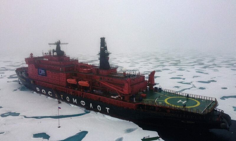 The '50 Years of Victory' is a nuclear-powered Russian icebreaker that arrived at the North Pole in August. Ships like it are used to accompany cargo vessels through hazardous winter routes.  AFP