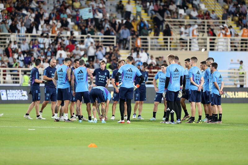 The Argentina side train at Al Nahyan Stadium in Abu Dhabi.