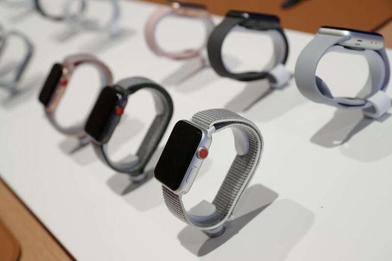 FILE PHOTO: Apple watches are seen at a new Apple store in Chicago, Illinois, U.S., October 19, 2017.  REUTERS/John Gress/File Photo