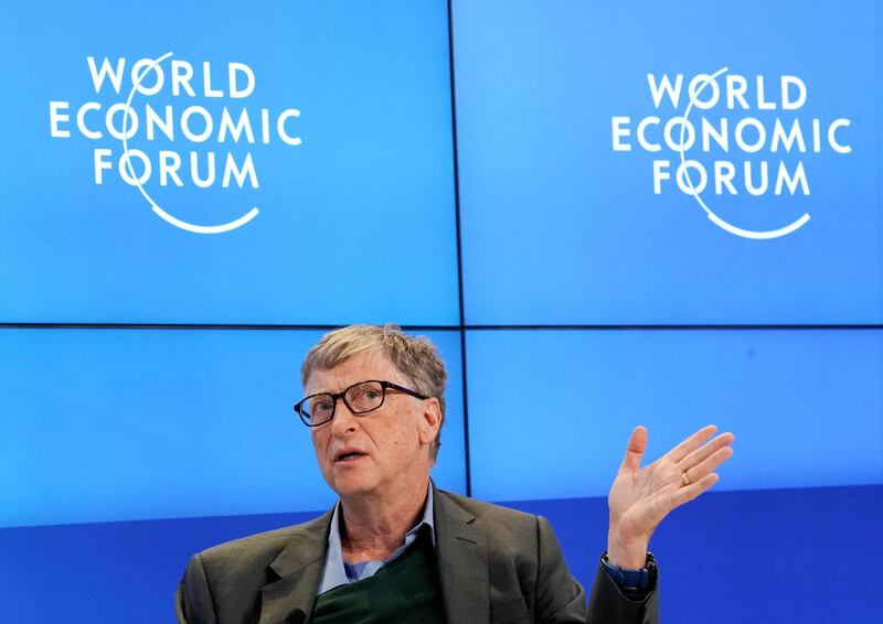 Bill Gates, Co-Chair of Bill & Melinda Gates Foundation, gestures as he speaks during the World Economic Forum (WEF) annual meeting in Davos, Switzerland January 25, 2018. REUTERS/Denis Balibouse