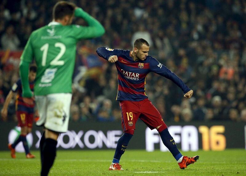 Barcelona’s Sandro Ramirez celebrates a goal against Villanovense on Wednesday night in the Copa del Rey. Albert Gea / Reuters