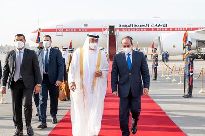 CAIRO, EGYPT - April 24, 2021: HH Sheikh Mohamed bin Zayed Al Nahyan Crown Prince of Abu Dhabi and Deputy Supreme Commander of the UAE Armed Forces (2nd R), is received by HE Abdel Fattah El Sisi, President of Egypt (2nd R), upon arrival at Cairo international Airport.

( Hamad Al Kaabi / Ministry of Presidential Affairs )
---