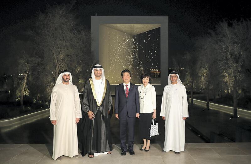 ABU DHABI , UNITED ARAB EMIRATES , APRIL 29  – 2018 :- Shinzo Abe , Japanese Prime Minister with other dignitaries during his visit to the Founder’s Memorial which commemorates the late Sheikh Zayed bin Sultan Al Nahyan the founding father of the United Arab Emirates near the Emirates Palace in Abu Dhabi. ( Pawan Singh / The National ) For News