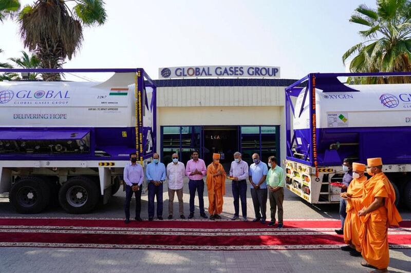 Two tanks carrying 44 metric tons of liquid oxygen will sail from Dubai to India as part of medical supplies organised by the Baps Hindu temple in Abu Dhabi. Courtesy: Baps Hindu Mandir 