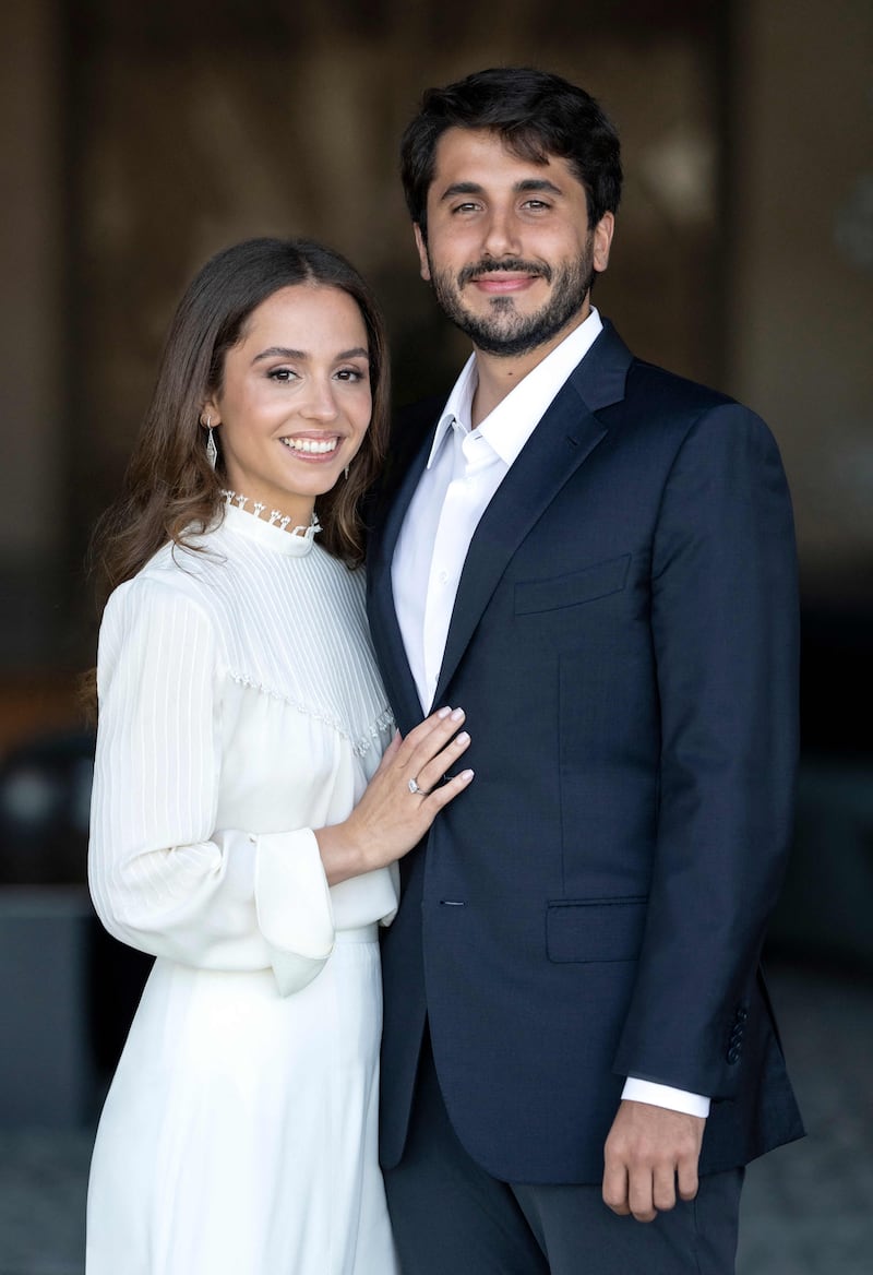 Princess Iman and fiance Jameel Alexander Thermiotis at their engagement ceremony in Amman on July 5, 2022. AFP