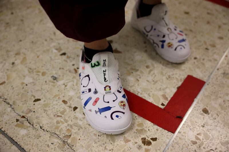 A nurse’s shoes are seen in the COVID-19 intensive care unit, as the global outbreak of the coronavirus disease (COVID-19) continues, at Providence Saint Joseph Medical Center in Burbank, California, U.S. REUTERS