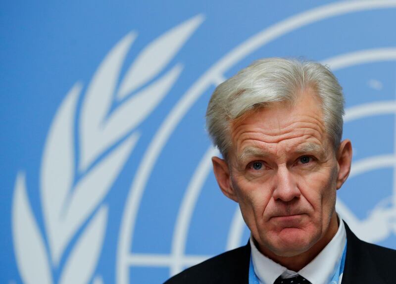 Jan Egeland, Special Advisor to the UN Special Envoy for Syria, attends a news conference at the United Nations in Geneva, Switzerland November 30, 2017. REUTERS/Denis Balibouse