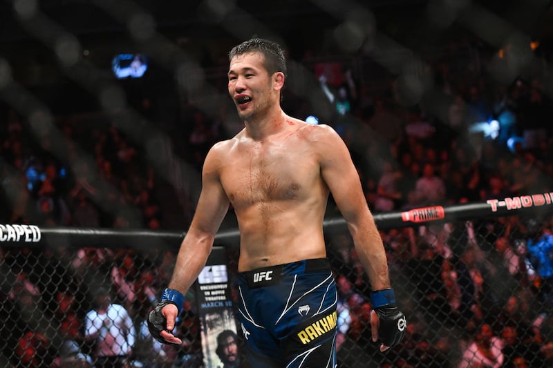 Kazakh mixed martial artist Shavkat Rakhmonov reacts after defeating USA's mixed martial artist Geoff Neal during their Ultimate Fighting Championship (UFC) 285 mixed martial arts event at T-Mobile Arena, in Las Vegas, Nevada, on March 4, 2023.  (Photo by Patrick T.  Fallon  /  AFP)