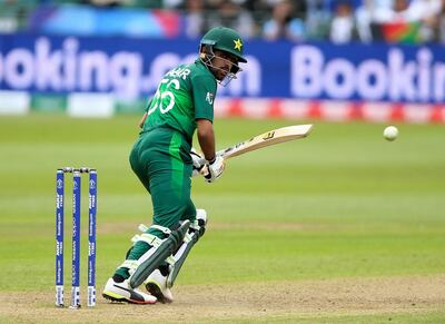 Pakistan's Babar Azam reaches his century during the ICC Cricket World Cup Warm up match between Pakistan and Afghanistan, at The Bristol County Ground, in Bristol, England, Friday May 24, 2019. (Nigel French/PA via AP)