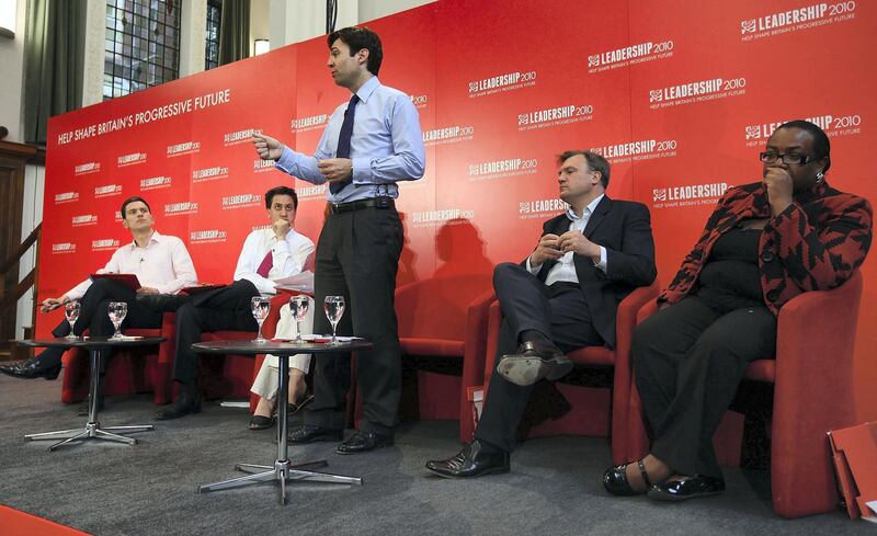 LEEDS, ENGLAND - JULY 25:  Andy Burnham (C) addresses party members during the Yorkshire and Humber Labour hustings at Leeds University, as (L-R) David Miliband, Ed Miliband, Diane Abbott and Ed Balls look on, on July 25, 2010 in Leeds, England. The battle for the leadership of Labour has intensified as Ed Miliband gains the support of Unite alongside Unison and the GMB unions in his battle against David Miliband, Ed Balls, Diane Abbottt and Andy Burnham to become the next leader of the Labour Party.  (Photo by Christopher Furlong/Getty Images)