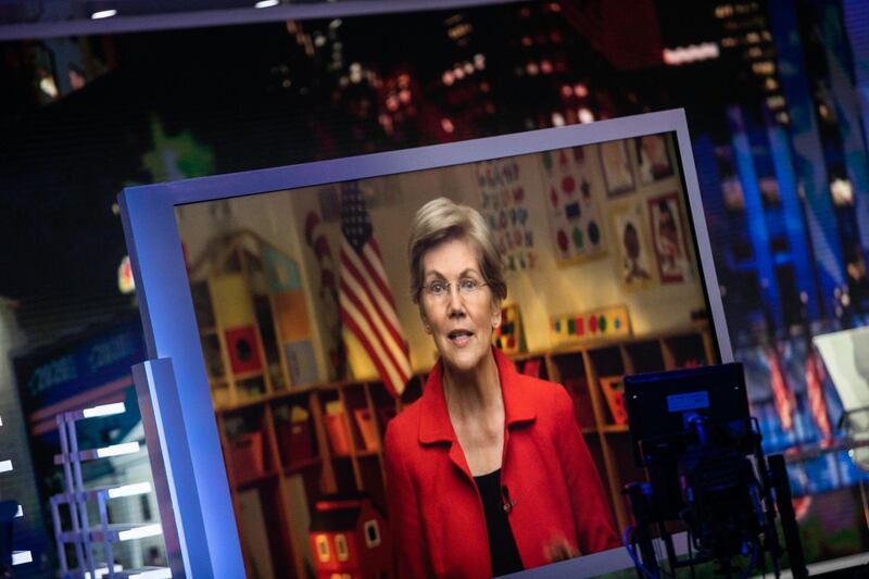 Senator Elizabeth Warren, a Democrat from Massachusetts, is displayed on a monitor at a television studio while speaking virtually during the Democratic National Convention in New York, U.S. Bloomberg
