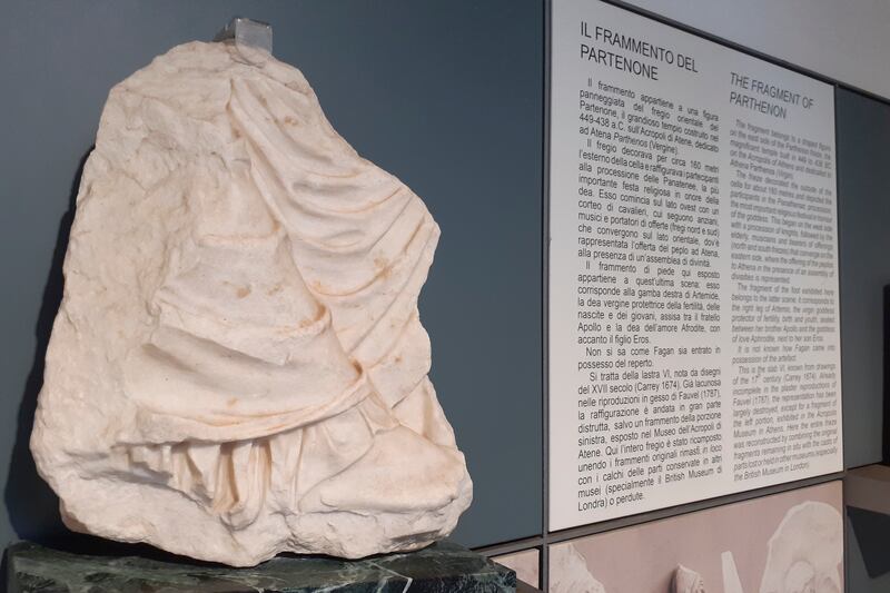 This fragment is from a draped figure on the east side of the Parthenon frieze. The temple, built between 449 and 438 BC on the Acropolis of Athens, will be returned to Greece in what both sides hope will be a permanent return. It is hoped the move will encourage other museums to do the same. The British Museum houses about half of the surviving 5th century BC sculptures that decorated the Parthenon temple. Photo: Antonino Salinas Archaeological Museum