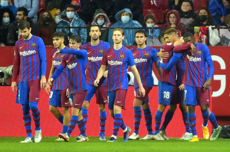 Ronald Araujo and his Barcelona teammates after his goal in the 1-1 draw against Sevilla at the Sanchez Pizjuan Stadium. AFP