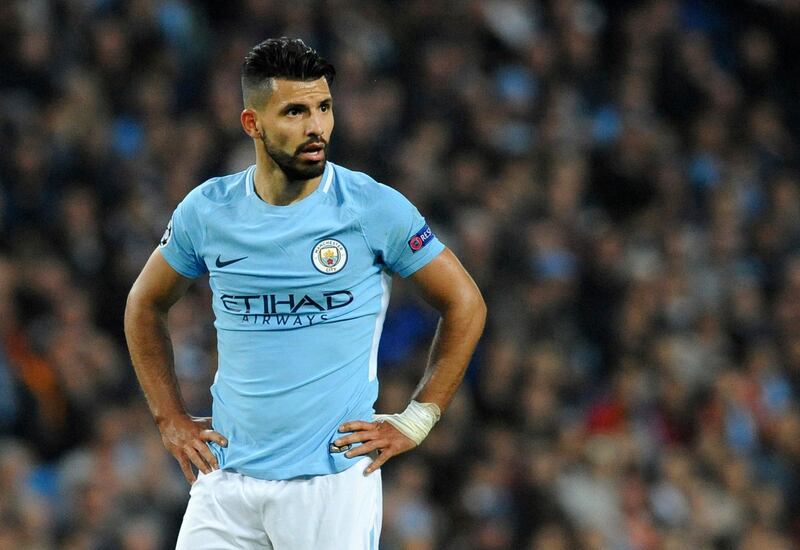 FILE - In this Tuesday, Sept. 26, 2017 file photo Manchester City's Sergio Aguero looks around the pitch during the Champions League Group F soccer match between Manchester City and Shakhtar Donetsk at Etihad stadium, Manchester, England. Manchester City striker Sergio Aguero has been injured in a road accident in the Netherlands, the English Premier League club said Friday Sept. 29. (AP Photo/Rui Vieira, File)