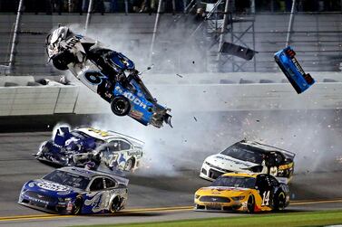 Feb 17, 2020; Daytona Beach, Florida, USA; NASCAR Cup Series driver Ryan Newman (6) wrecks during the Daytona 500 at Daytona International Speedway. Mandatory Credit: Peter Casey-USA TODAY Sports TPX IMAGES OF THE DAY