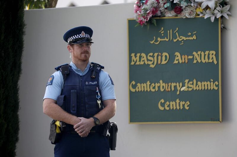 A police officer stands guard outside the Al Noor mosque in Christchurch on March 13, 2020. AFP
