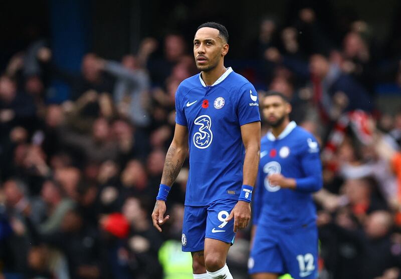 Chelsea attacker Pierre-Emerick Aubameyang looks dejected after Arsenal's goal. Reuters