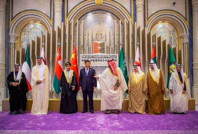 Saudi Crown Prince and Prime Minister Mohammed bin Salman, fourth right, greets Chinese President Xi Jinping during the Gulf Co-operation Council Summit, in Riyadh, Saudi Arabia. AP