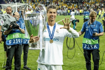 Cristiano Ronaldo of Real Madrid with UEFA Champions League trophy, Coupe des clubs Champions Europeens during the UEFA Champions League final between Real Madrid and Liverpool on May 26, 2018 at NSC Olimpiyskiy Stadium in Kyiv, Ukraine(Photo by VI Images via Getty Images)