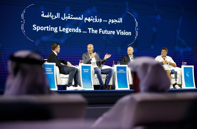 From left - Thomas Helmer, former German footballer, Real Madrid manager Zinedine Zidane, Finnish mountaineer Veikka Gustafsson and French Finnish mountaineer Veikka Gustafsson at DAIS. EPA