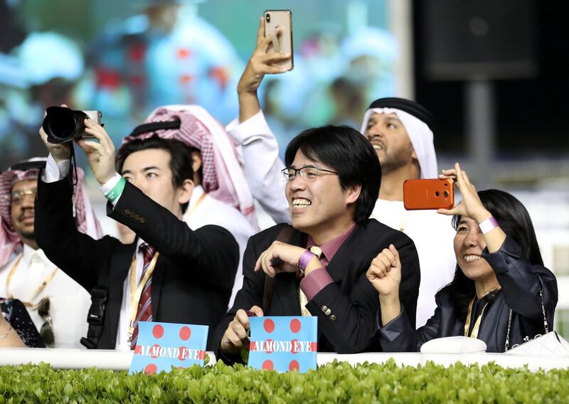 Dubai, United Arab Emirates - March 30, 2019: Almond Eye ridden by Christophe Lemaire wins the Dubai Turf during the Dubai World Cup. Saturday the 30th of March 2019 at Meydan Racecourse, Dubai. Chris Whiteoak / The National