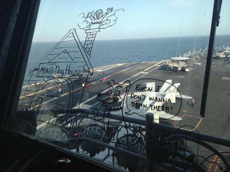 View from inside the Primary Flight Control room. The ‘Mini’ mentioned in the drawing refers to ‘Mini Boss’, the deputy head of the team manning the room. Banter is encouraged on board the ship and plays a central role in many working relationships.