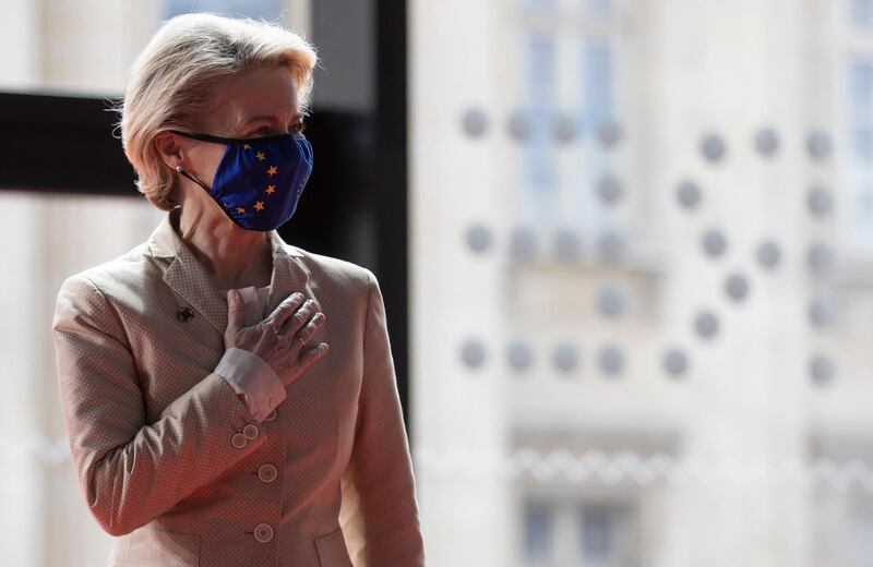 European Commission President Ursula von der Leyen arrives for the Summit on the Financing of African Economies at the Grand Palais Ephemere in Paris, on May 18, 2021.  / AFP / POOL / Ian LANGSDON
