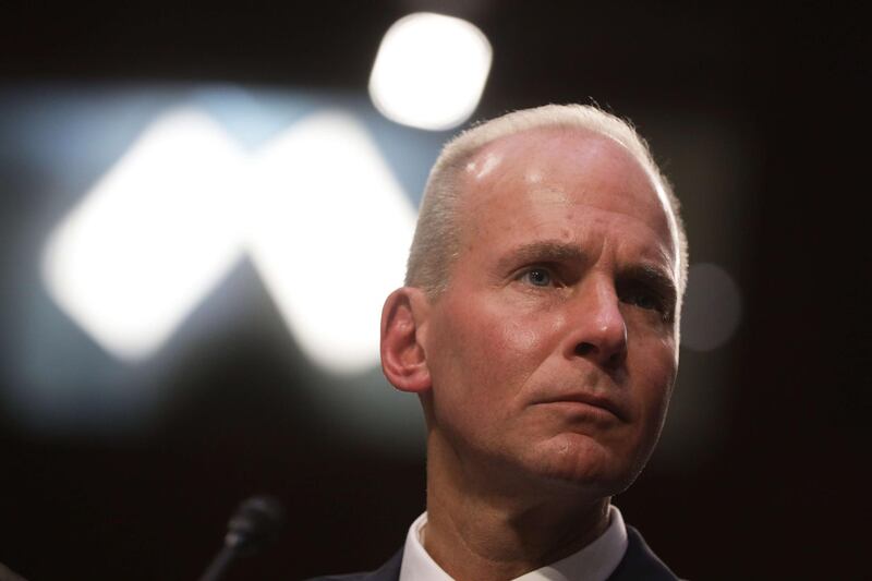 WASHINGTON, DC - OCTOBER 29: Dennis Muilenburg, president and CEO of the Boeing Company, testifies before the Senate Commerce, Science and Transportation Committee October 29, 2019 on Capitol Hill in Washington, DC. The committee held a hearing on "Aviation Safety and the Future of Boeing's 737 MAX."   Alex Wong/Getty Images/AFP
== FOR NEWSPAPERS, INTERNET, TELCOS & TELEVISION USE ONLY ==
