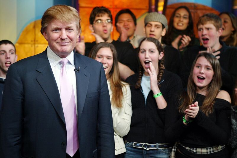 NEW YORK - MARCH 17:  (U.S. TABS OUT) Donald Trump appears on stage during MTV's Total Request Live at the MTV Times Square Studios March 17, 2004 in New York City.  (Photo by Scott Gries/Getty Images) *** Local Caption *** Donald Trump