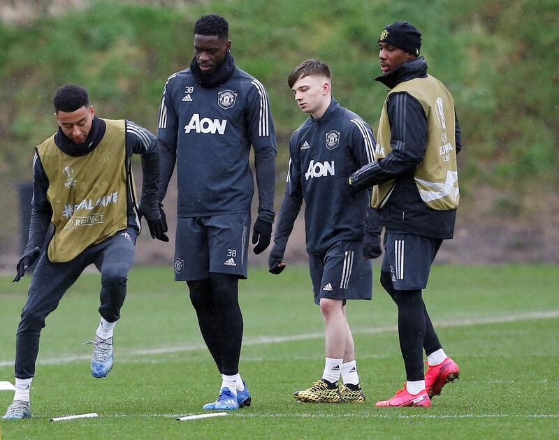 Left to right: Manchester United's Odion Ighalo, Connor Stanley, Axel Tuanzebe and Jesse Lingard. Reuters