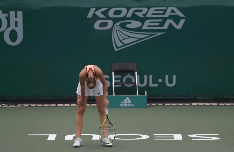 Kristyna Pliskova of the Czech Republic reacts after losing a point at the Korea Open  in Seoul. Lee Jin-man / AP Photo