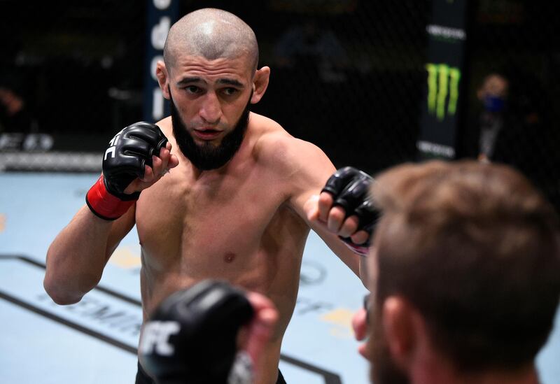 LAS VEGAS, NEVADA - SEPTEMBER 19: (L-R) Khamzat Chimaev of Chechnya battles Gerald Meerschaert in their middleweight bout during the UFC Fight Night event at UFC APEX on September 19, 2020 in Las Vegas, Nevada. (Photo by Chris Unger/Zuffa LLC)