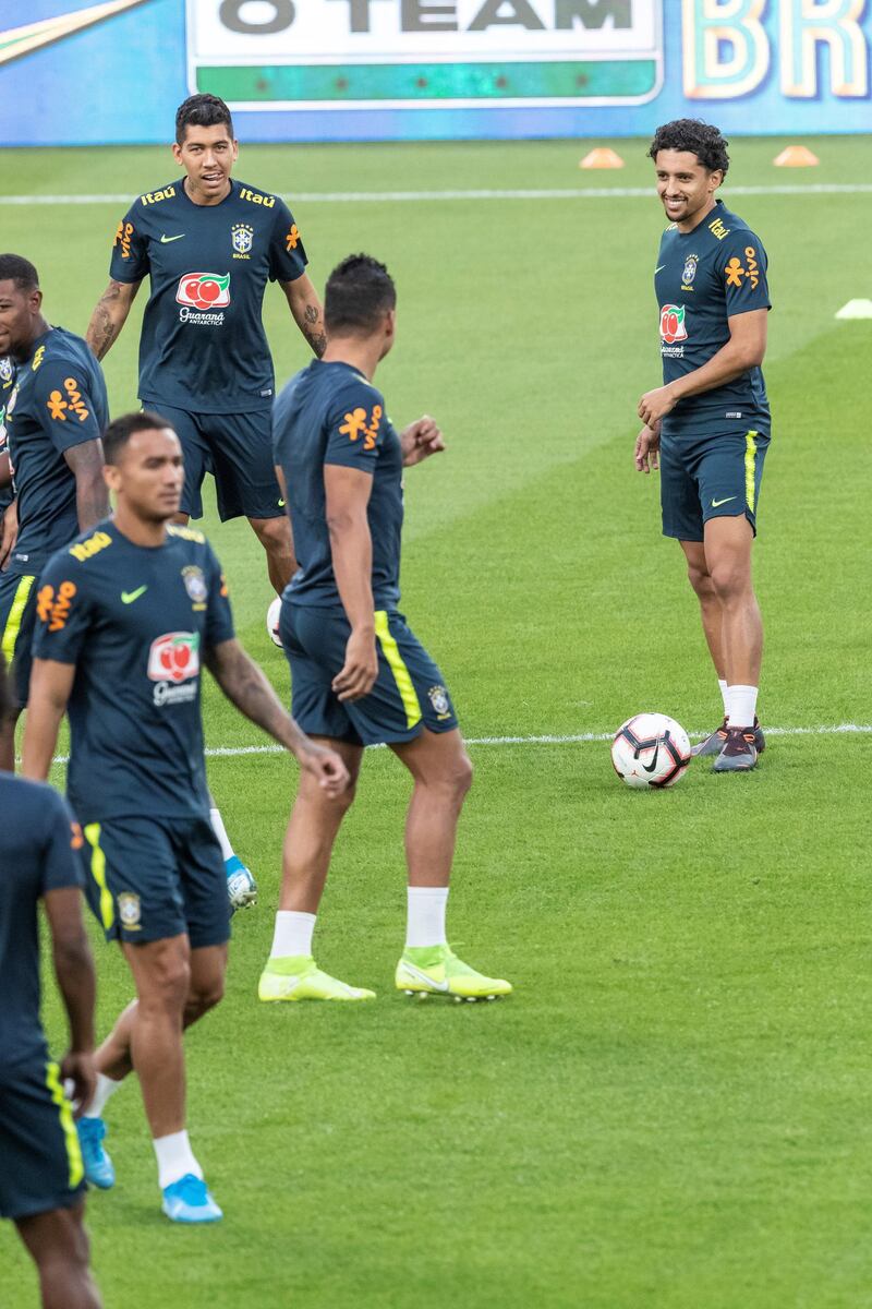 ABU DHABI, UNITED ARAB EMIRATES. 18 November 2019. The Brazil national football team practise at Zayed Stadium ahead of their game tomorrow against Korea. (Photo: Antonie Robertson/The National) Journalist: Amith Pasella Section: Sport.
