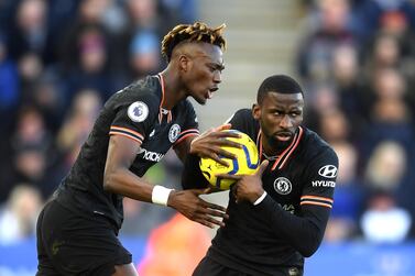 Chelsea\s Antonio Rudiger, right, celebrates with Tammy Abraham after scoring his second second goal against Leicester City. Getty