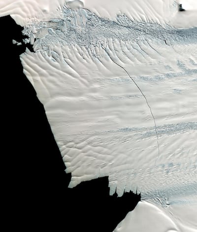 This image from NASA's Terra spacecraft shows a massive crack across the Pine Island Glacier, a major ice stream that drains the West Antarctic Ice Sheet. Eventually, the crack will extend all the way across the glacier.