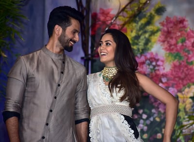 MUMBAI, INDIA - 2018/05/08: Bollywood actor Shahid Kapoor with wife Mira Rajput attend the wedding reception of actress Sonam Kapoor and Anand Ahuja at hotel Leela in Mumbai. (Photo by Azhar Khan/SOPA Images/LightRocket via Getty Images)