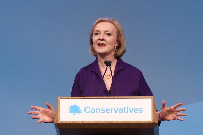 New Conservative Party leader and Britain's Prime Minister-elect Liz Truss delivers a speech after being announced the winner of the Conservative Party leadership contest in central London on Monday. Ms Truss is the UK's third female prime minister following Theresa May and Margaret Thatcher. AFP