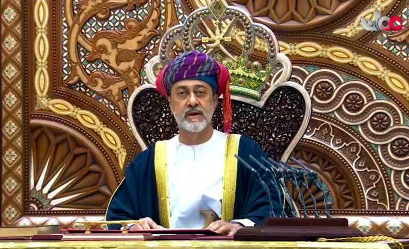 Oman's new sultan Haitham bin Tariq Al Said makes his first speech in front of the Royal Family Council in Muscat, Oman. Oman TV via AP