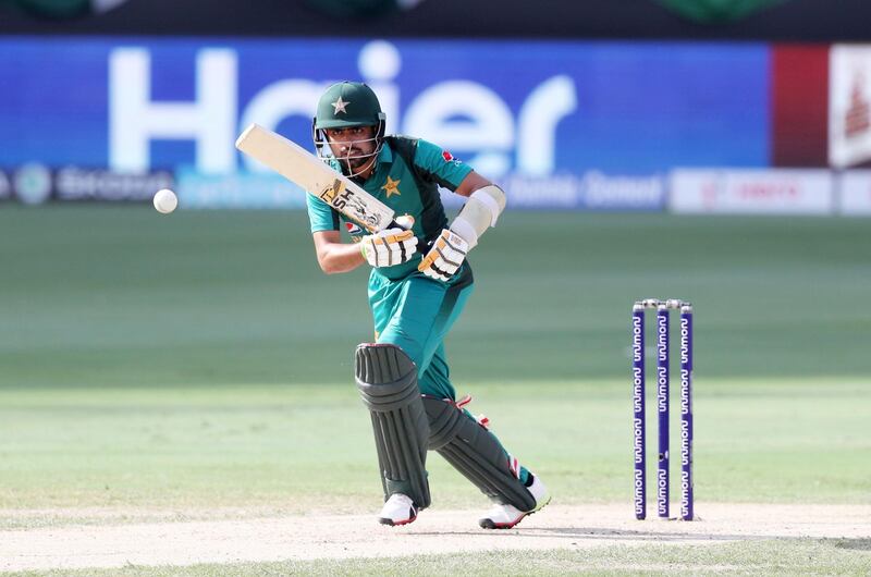 DUBAI , UNITED ARAB EMIRATES, September 19 , 2018 :- Babar Azam of Pakistan playing a shot during the Asia Cup UAE 2018 cricket match between Pakistan vs India held at Dubai International Cricket Stadium in Dubai. ( Pawan Singh / The National )  For Sports. Story by Paul 