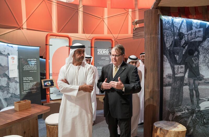 AL MARYAH ISLAND, ABU DHABI, UNITED ARAB EMIRATES - October 15, 2017: HH Sheikh Hamed bin Zayed Al Nahyan, Chairman of the Crown Prince Court of Abu Dhabi and Abu Dhabi Executive Council Member (L), attends the inauguration of the Countdown to Zero: Defeating Disease global exhibition.
( Mohamed Al Hammadi / Crown Prince Court - Abu Dhabi )
---