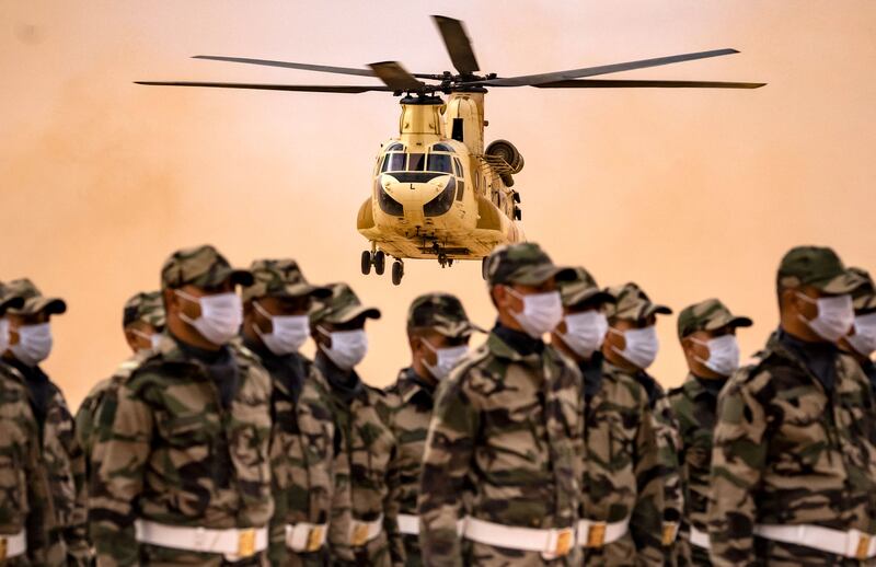 A Royal Moroccan Air Force CH-47 Chinook military helicopter takes off during the African Lion drills.