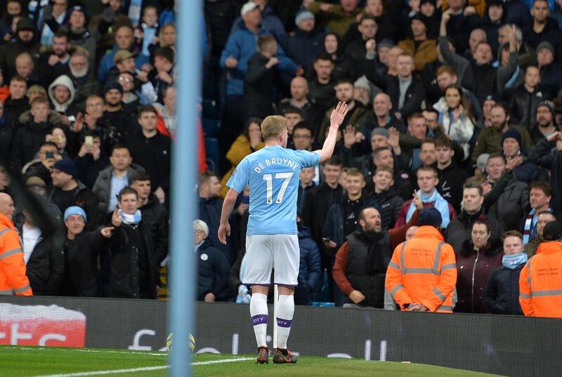 Manchester City's Kevin De Bruyne reacts to Manchester City supporters after objects were thrown at Fred.  EPA