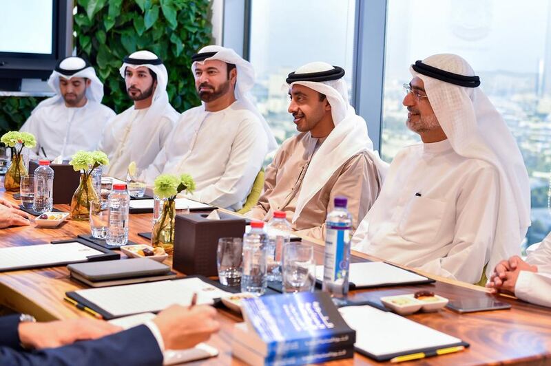 Sheikh Abdullah bin Zayed Al Nahyan, Minister of Foreign Affairs and International Cooperation, fourth from left, met with Dr Klaus Schwab, Founder and Executive Chairman of the World Economic Forum, Davos, in Abu Dhabi ahead of the Global Agenda Summit.  Photo courtesy of WAM