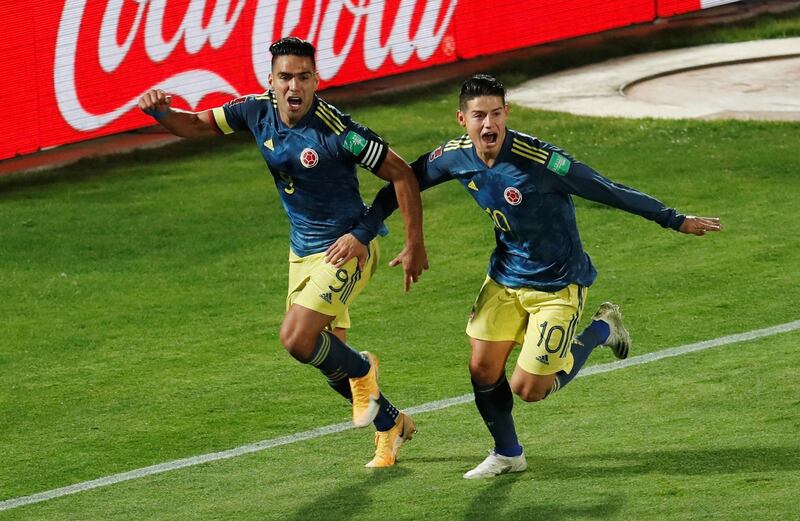 Colombia's Radamel Falcao celebrates scoring their second goal with James Rodriguez. Reuters