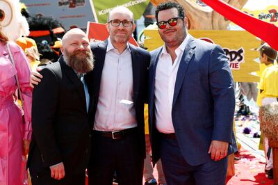 CANNES, FRANCE - MAY 13: (L-R) film director Thurop Van Orman, film producer John Cohen and Josh Gad ('Chuck' English Language) attend a "The Angry Birds Movie 2" colourful photocall to launch a brand new scene of the animated move & celebrate the start of the 72nd Cannes Film Festival at Various Cannes on May 13, 2019 in Cannes, France. (Photo by John Phillips/Getty Images for Sony Pictures Releasing International) *** Local Caption *** CANNES, FRANCE - MAY 13: Actor Josh Gad (R) ('Chuck' English Language) of "The Angry Birds Movie 2" joins film director Thurop Van Orman (L) & film producer John Cohen (C) along with international star cast Sergey Burunov ('Leonard', Russia), Enzo Knol ('C
