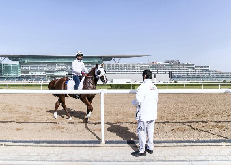 DUBAI, UNITED ARAB EMIRATES. 17 MARCH 2020. 
Emirati trainer Ali Rashid Al Raihe training at Al Meydan track.
(Photo: Reem Mohammed/The National)

Reporter:
Section: